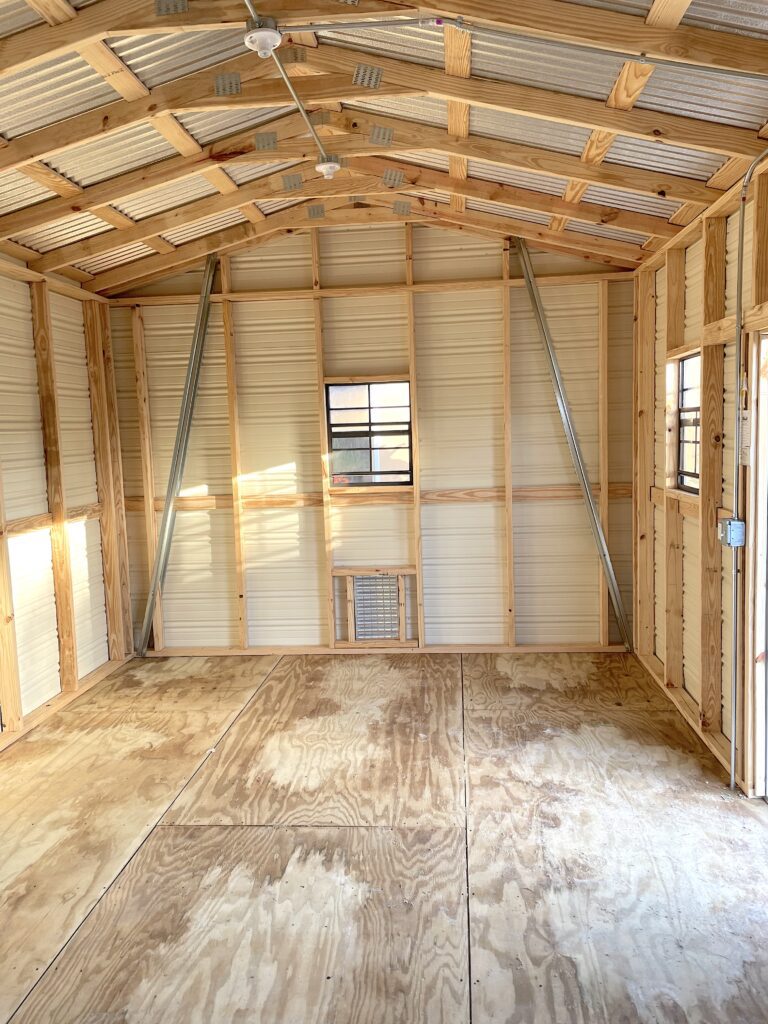 Unfinished shed building before becoming a she shed