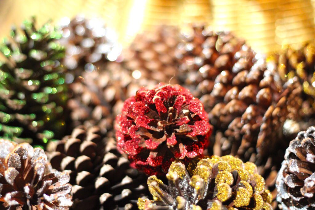 Glittered pine cones in red basket