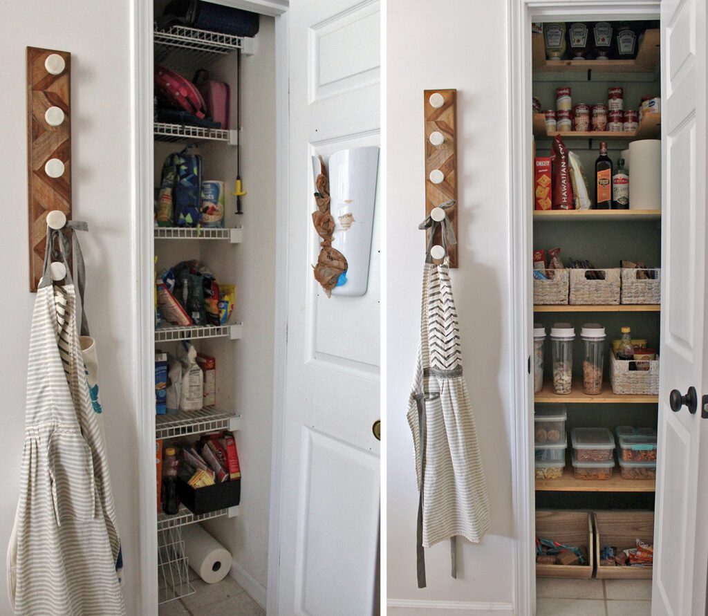 Kitchen pantry before and after change wire shelves to wood