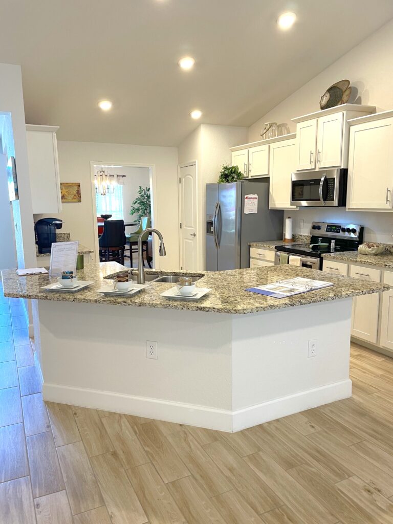Open kitchen with angled kitchen island