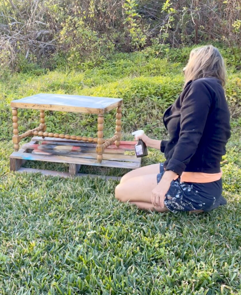 Spraying hydrogen peroxide on the ottoman furniture frame