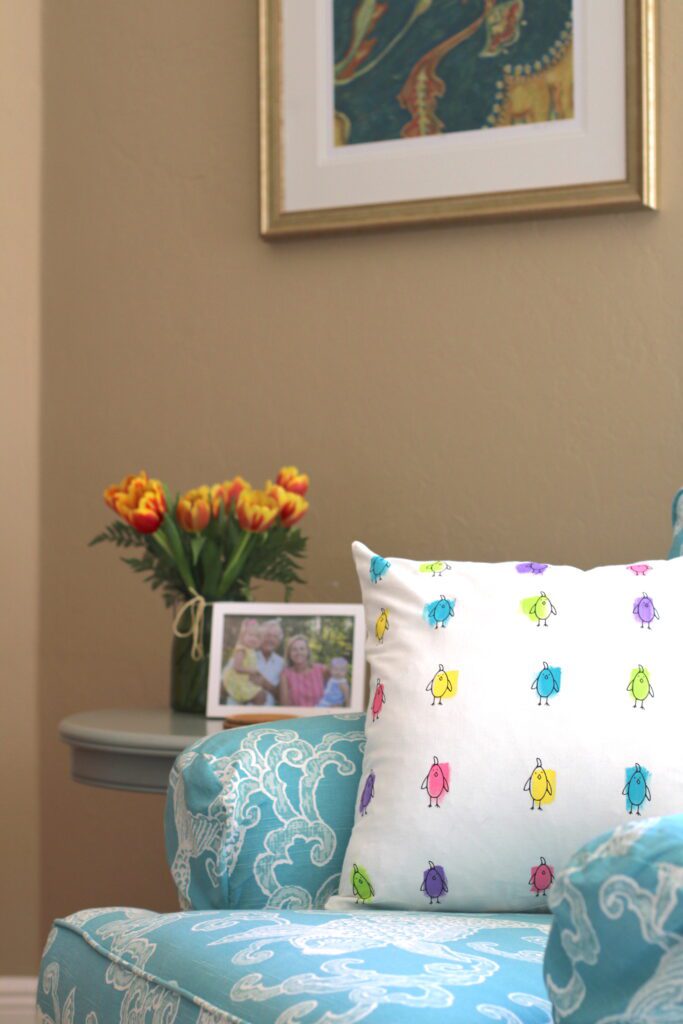Easy Easter Pillow with heat transfers on side chair