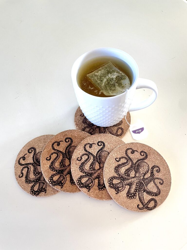 Laser engraved cork coasters | Octopus laser engraved cork coasters with yogi tea