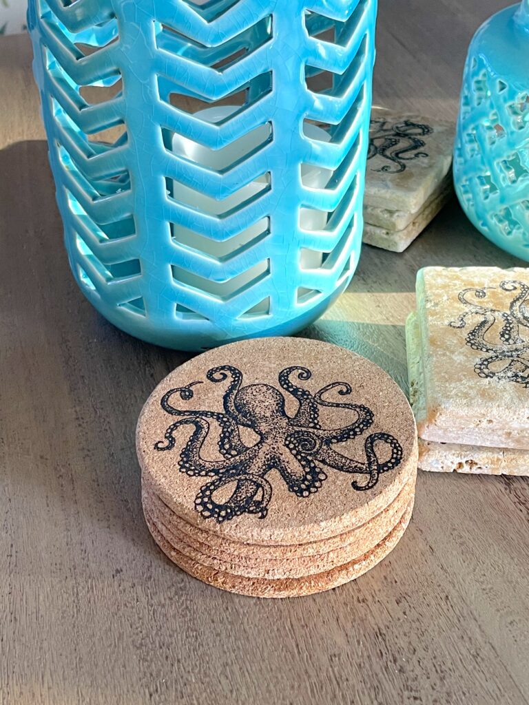stack of Octopus cork coasters laser engraved