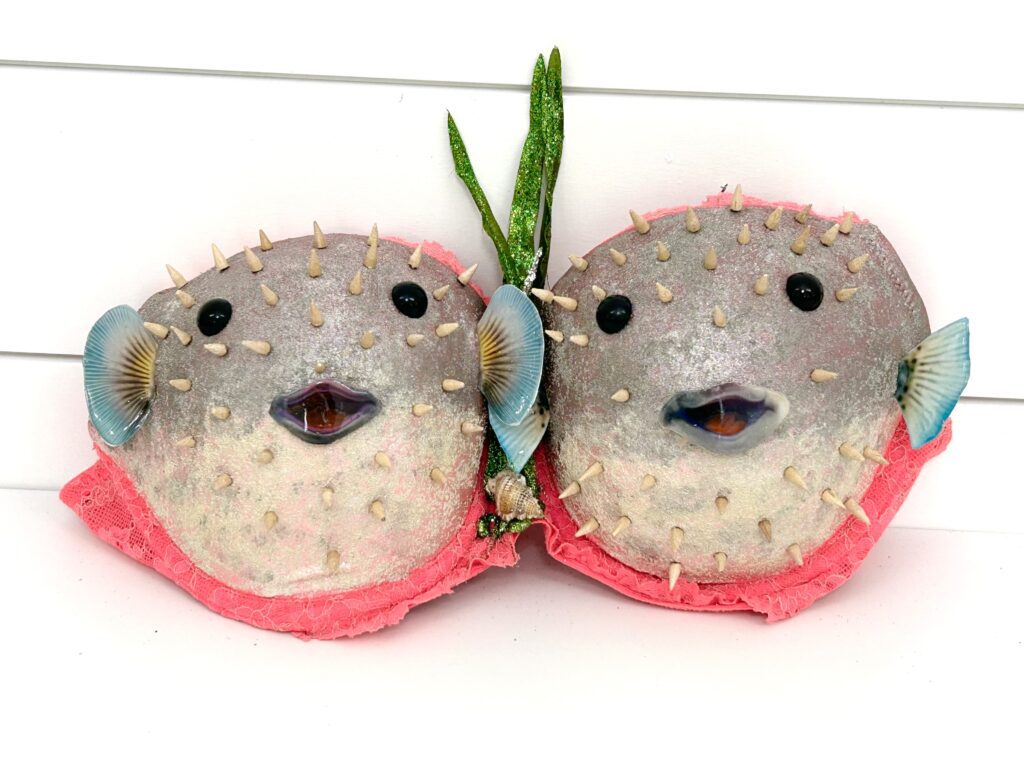 Completed pufferfish bra for bra pong game for bridal shower
