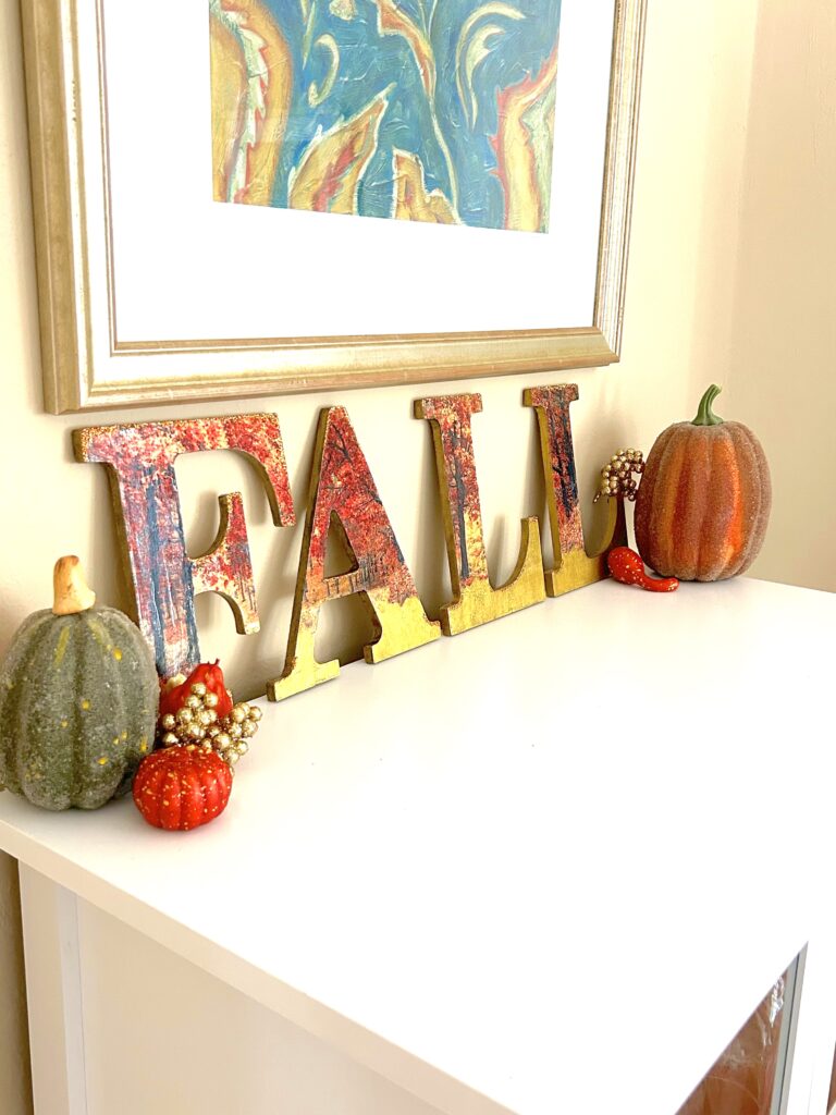 Decoupaged wood letters with pumpkins