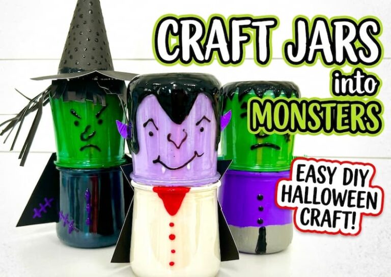 DIY Halloween monster jars turned into a witch, dracula and frankenstein