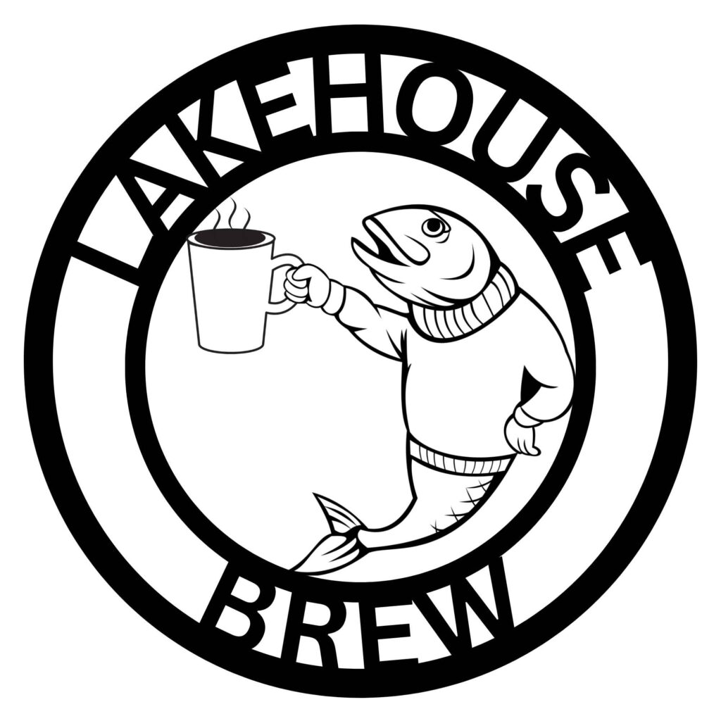 Round sign design with a fish drinking a beer  and the words lakehouse brew