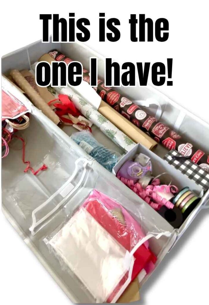 wrapping paper organizer open with wrapping supplies inside