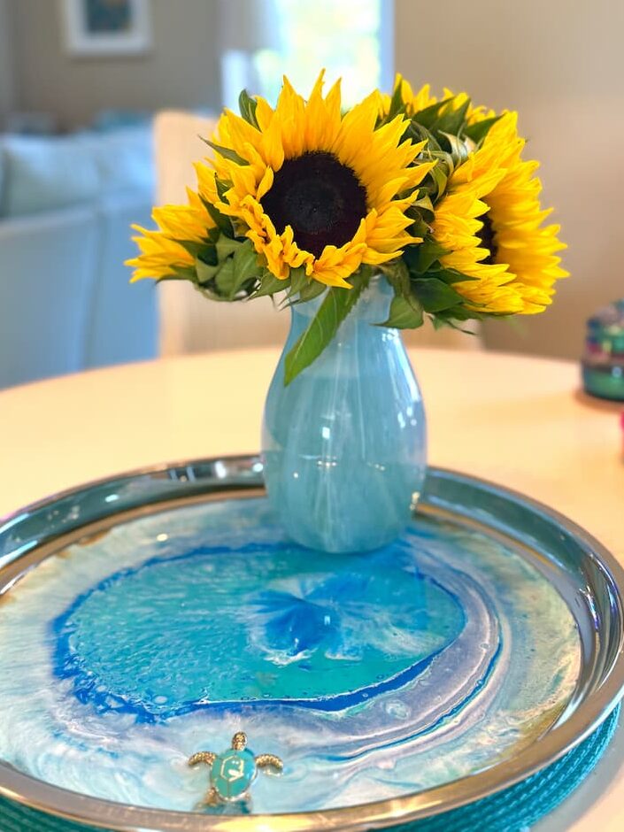 Resin Ocean art vase and tray coastal decor with sunflowers