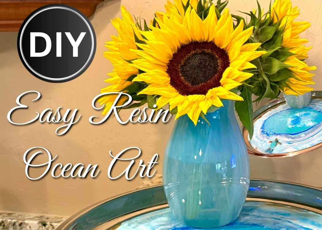 Easy resin ocean art tray and coastal decor vase in bue with yellow sunflowers