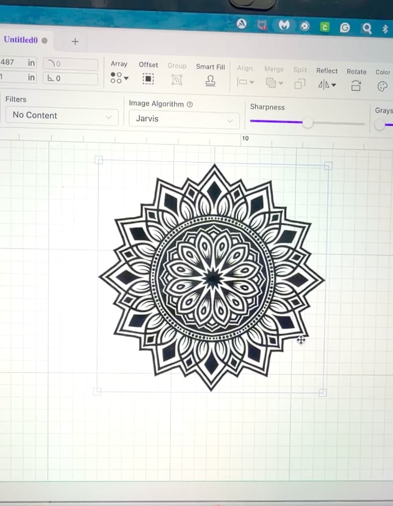 In Wecreat MakeIt program adding a mandala for the how to make a nightlight project