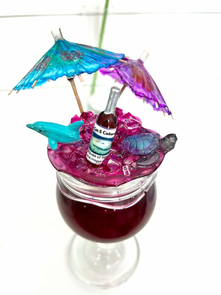 DIY resin wine glass jar, the perfect wine lover gift with drink umbrellas, dolphin and turtle