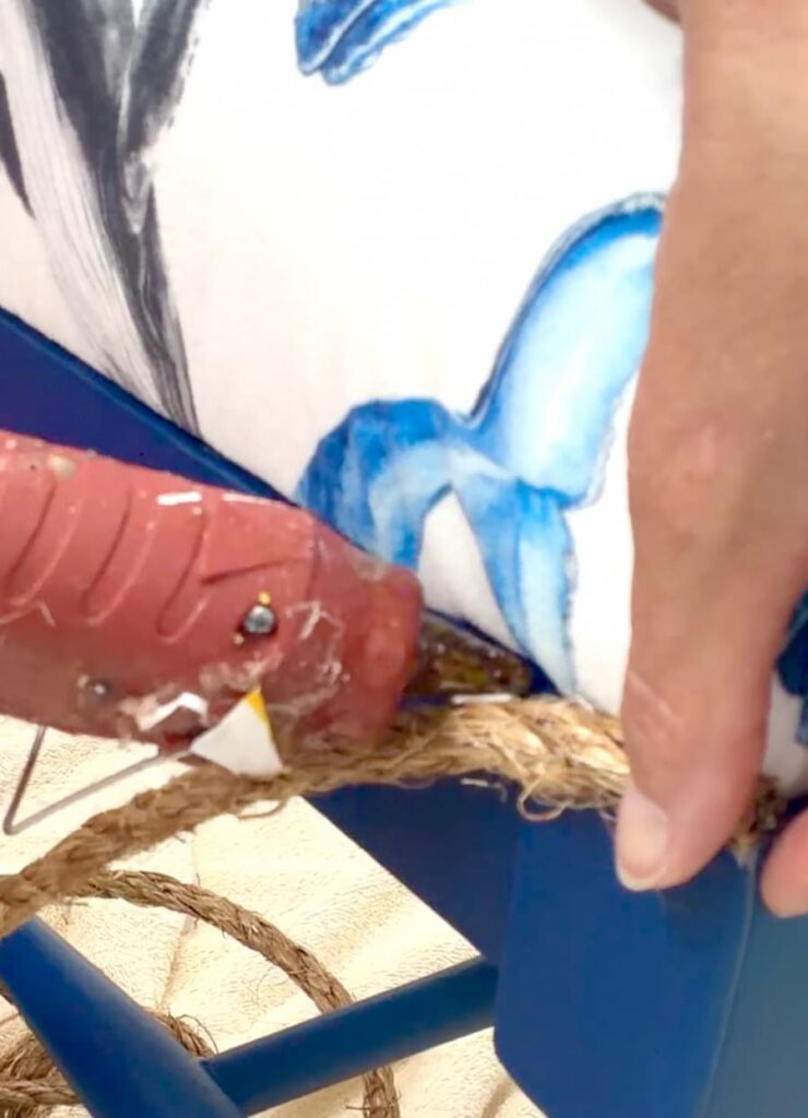 adding rope trim as part of how to reupholster a bench