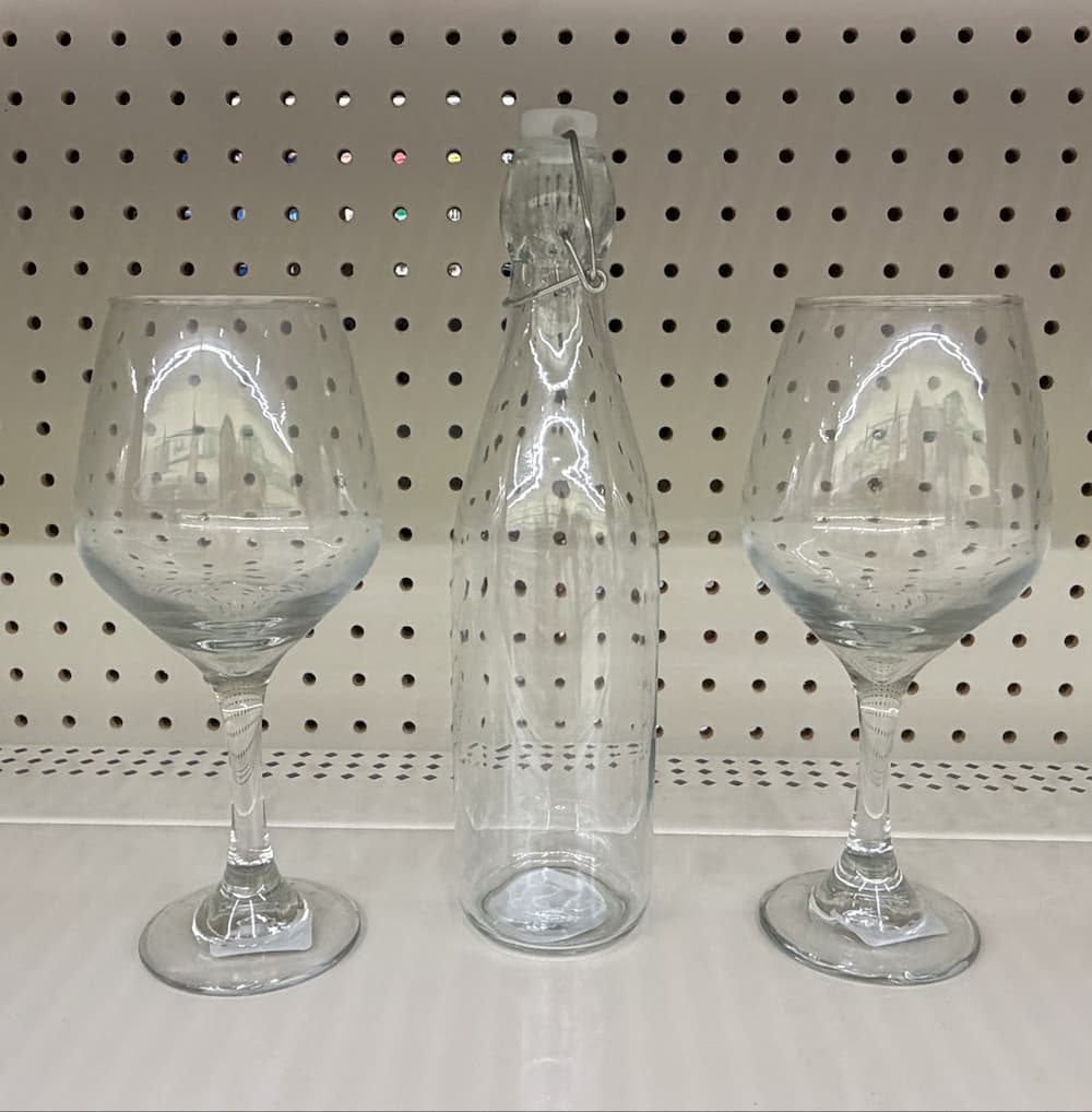Unfinished Dollar Tree wine glass and bottle