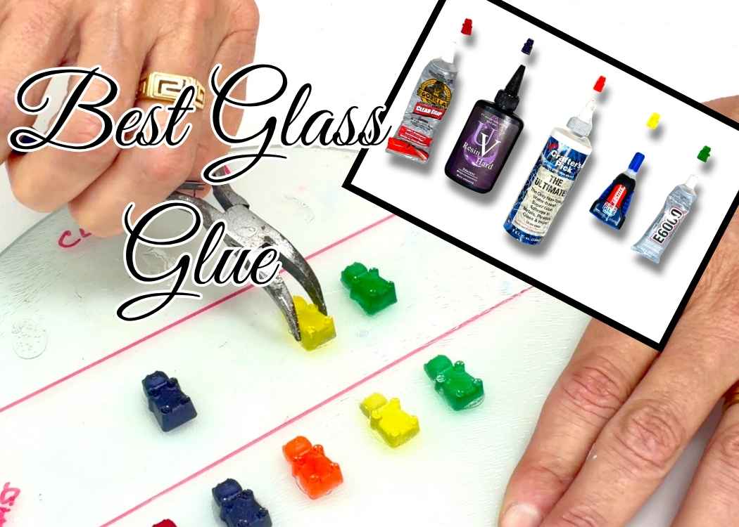 Testing best glue for glass using pliers to try and remove yellow gummy bear and pictures of five different adhesives