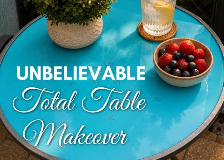 Aqua coastal table top with a bowl of fruit, a beverage and a potted plant