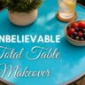Aqua coastal table top with a bowl of fruit, a beverage and a potted plant