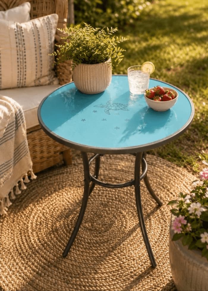 Coastal table styled with a plant, a bowl of fruit and drink