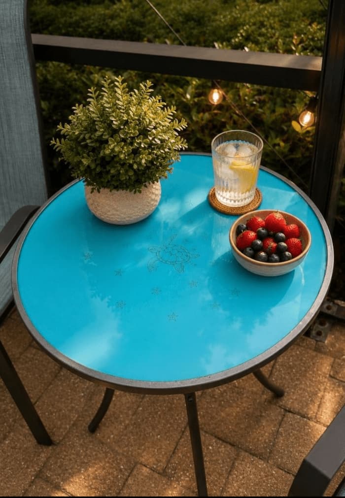 view lookning down of the coastal turtle table makeover styled