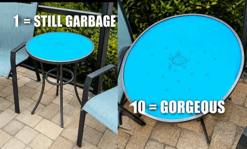 finished round coastal table with ratings