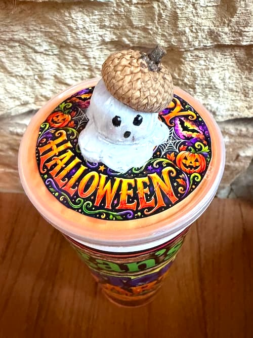 Halloween ghost with an acorn cap